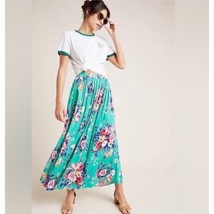 Anthropologie Floral Maxi Skirt in Teal and Pink